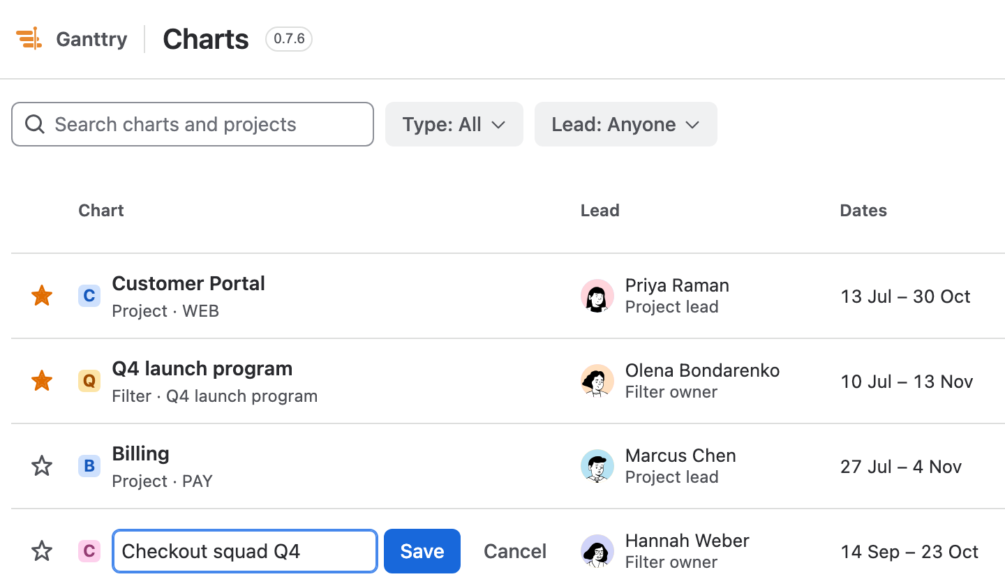 Checkout squad being renamed in its row to Checkout squad Q4, with Save and Cancel beside the field.