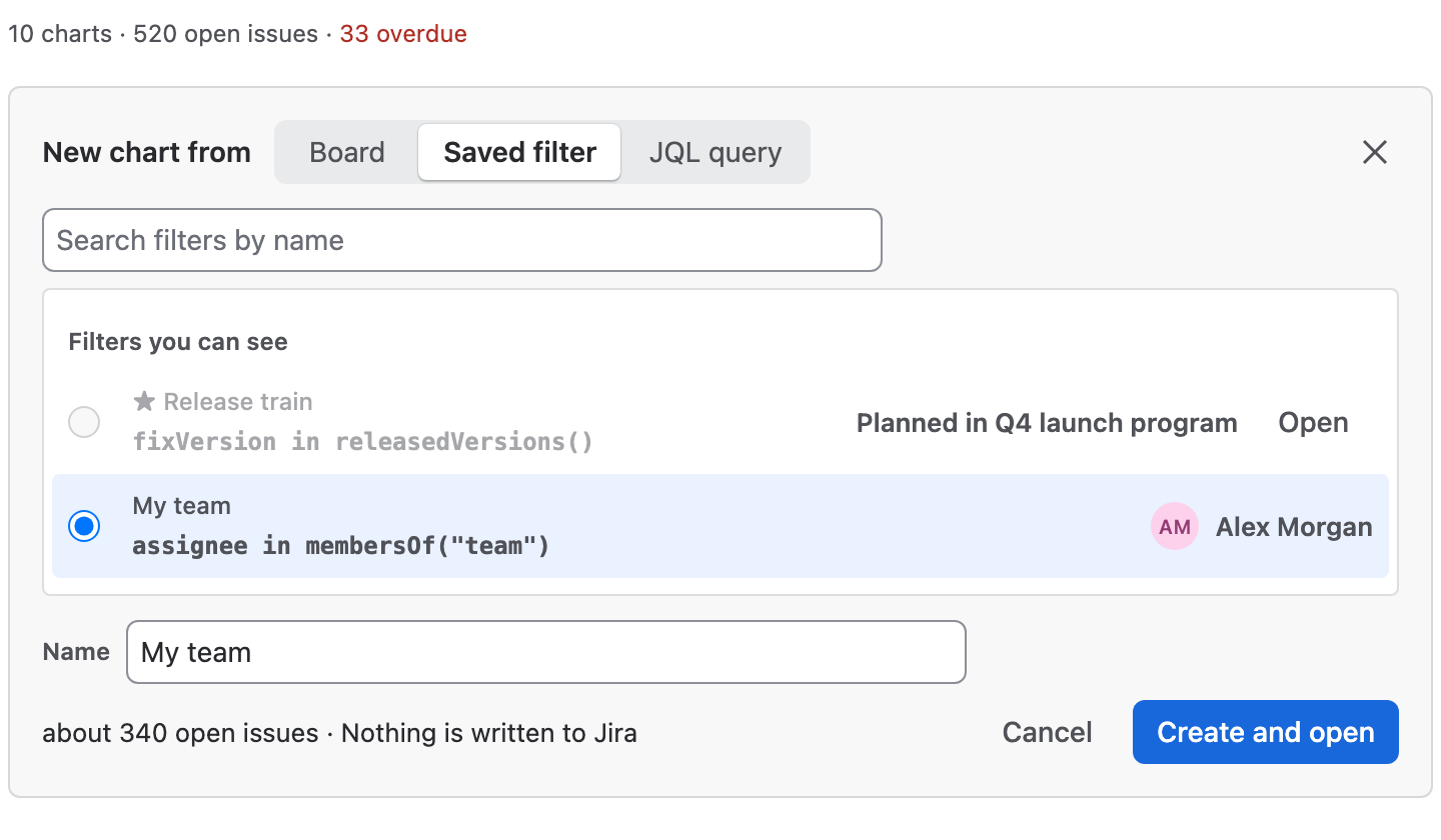 New chart from Saved filter: Release train is already planned in Q4 launch program, with Open; My team is chosen, the name is My team, and the footer reads about 340 open issues · Nothing is written to Jira.