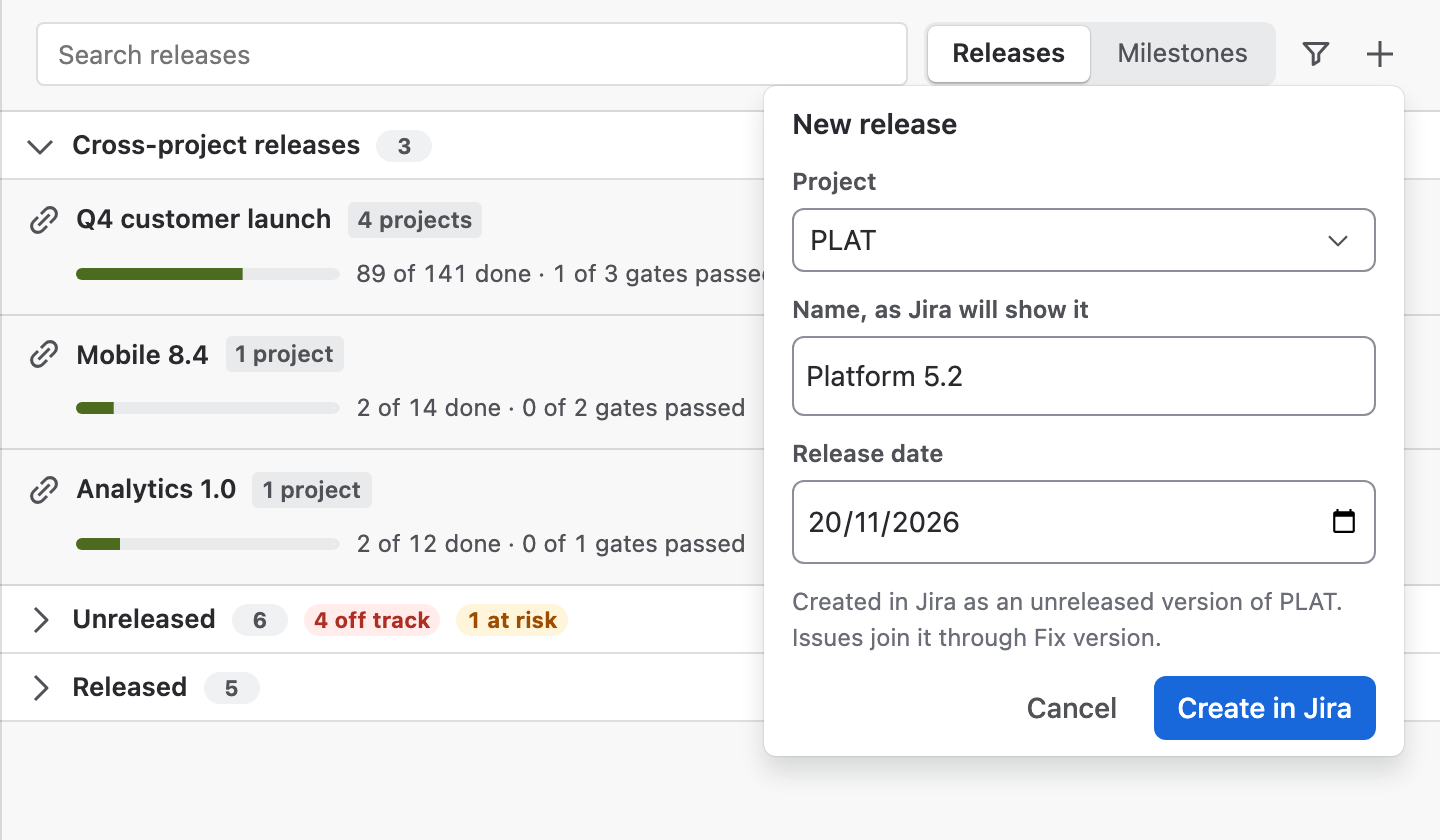New release open beside the Delivery list: Project PLAT, Name Platform 5.2, Release date 20 Nov 2026, Cancel and Create in Jira.
