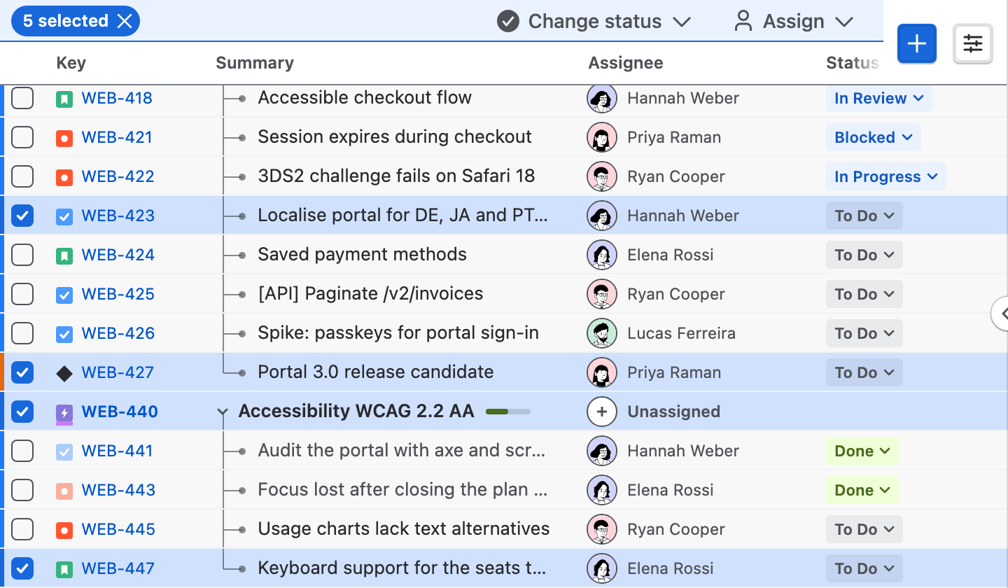 The Board table with 5 selected, Change status and Assign in the selection bar, and WEB-423, WEB-427, WEB-440 and WEB-447 ticked.