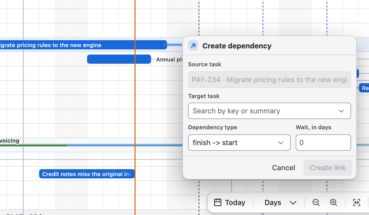 Create dependency open from Migrate pricing rules: Source task, Target task, Dependency type finish -> start, Wait, in days 0, and Create link.