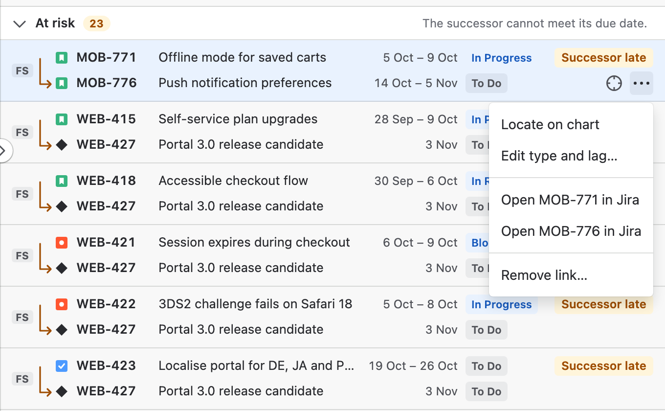 A link selected under At risk in Plan insights, with More actions open: Locate on chart, Edit type and lag, Open MOB-771 in Jira, Open MOB-776 in Jira and Remove link.