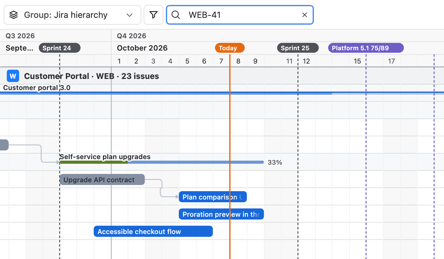 Search open in the header with WEB-41 typed: the Customer Portal section, its epic and the matching issues remain on the timeline.