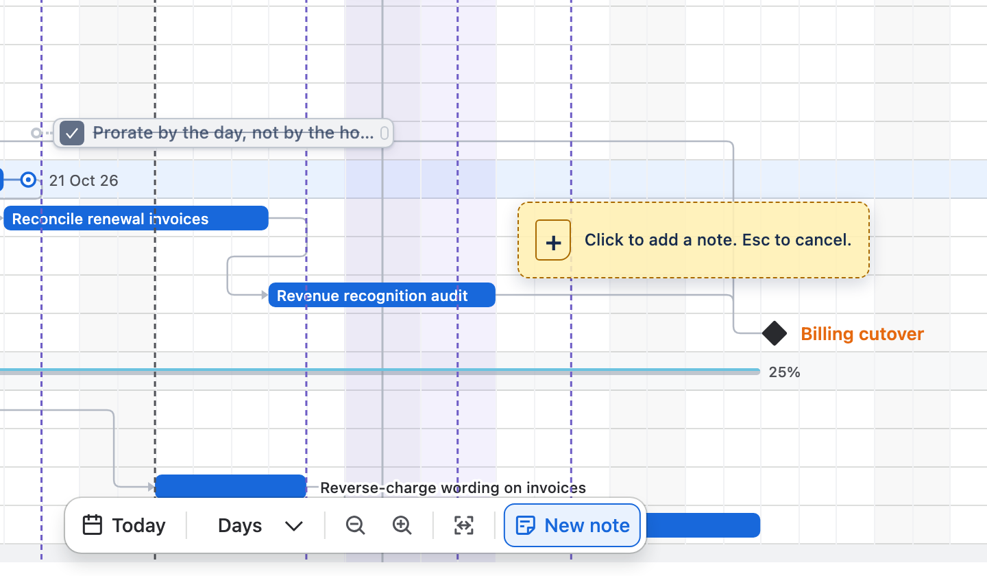 New note selected in the timeline dock and a note hint beside the pointer: Click to add a note. Esc to cancel.