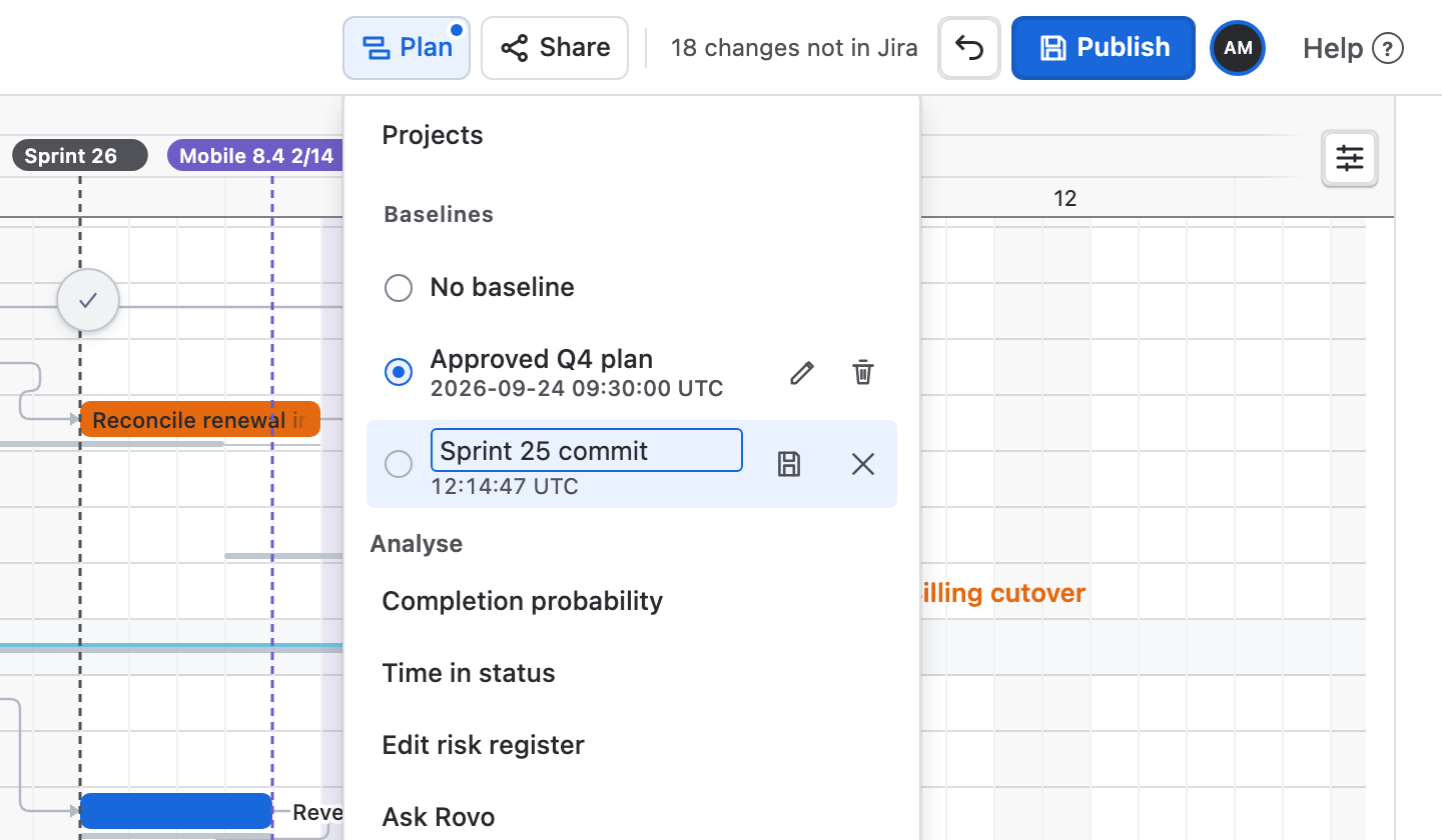 The Plan menu open over the chart: Approved Q4 plan, captured 2026-09-24 09:30:00 UTC, selected, and a new baseline being named Sprint 25 commit, with Save and Cancel.