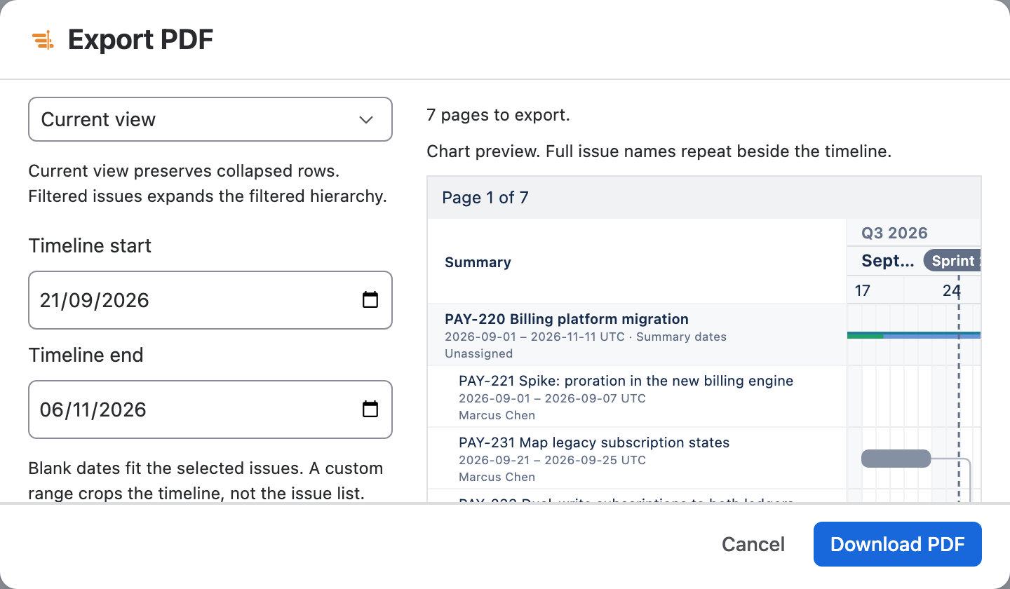 Export PDF with Current view, Timeline start 21/09/2026 and Timeline end 06/11/2026, 7 pages to export, the first preview page, Cancel and Download PDF.
