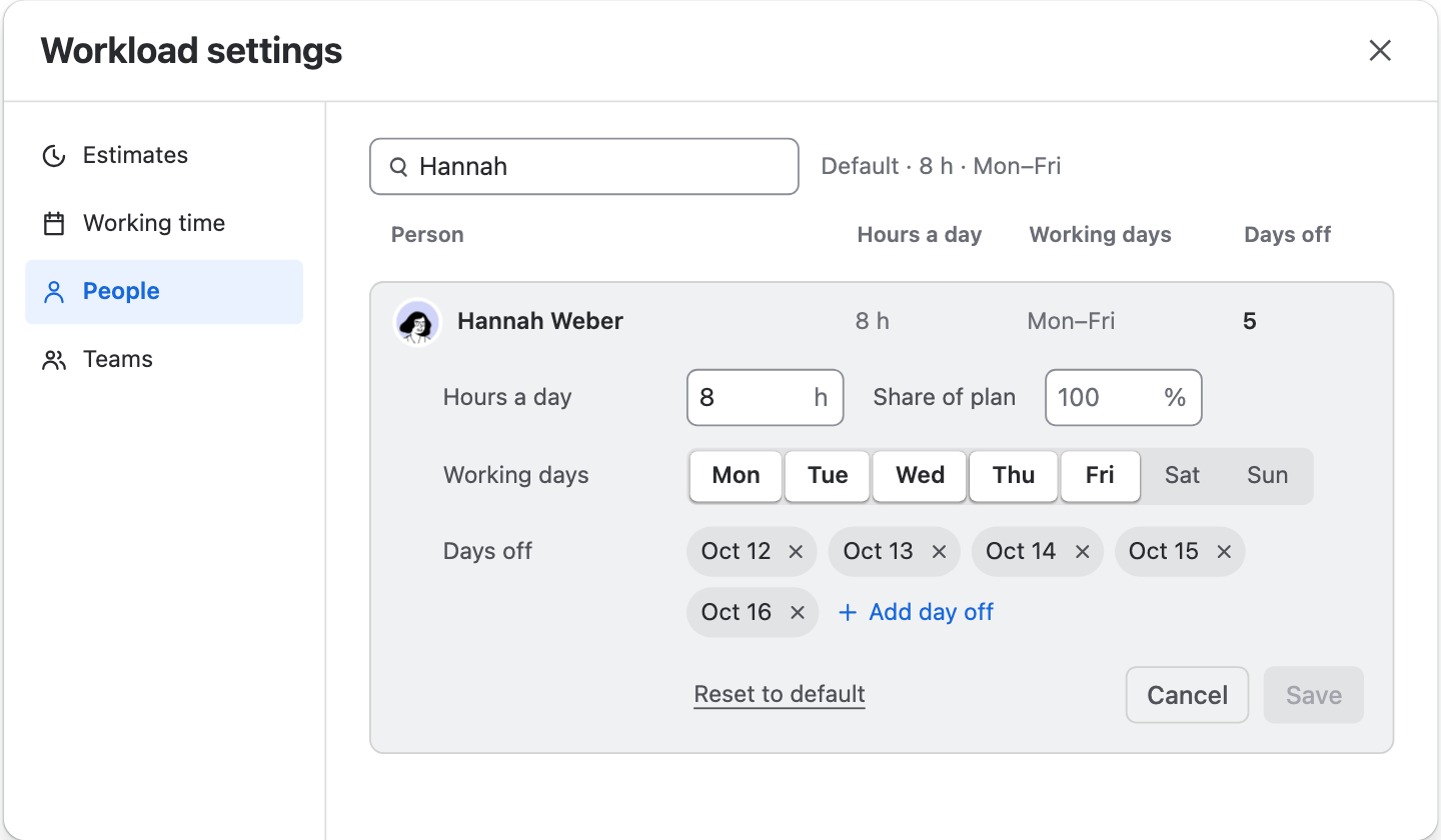 Hannah Weber open in Workload settings, People: 8 h a day, 100% share of plan, Monday to Friday, and days off from Oct 12 to Oct 16.
